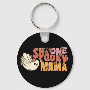 One Spooky Mama Groovy Ghost With Vintage Flowers Key Ring