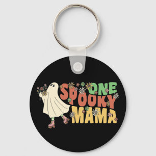 One Spooky Mama Groovy Ghost With Vintage Flowers Key Ring