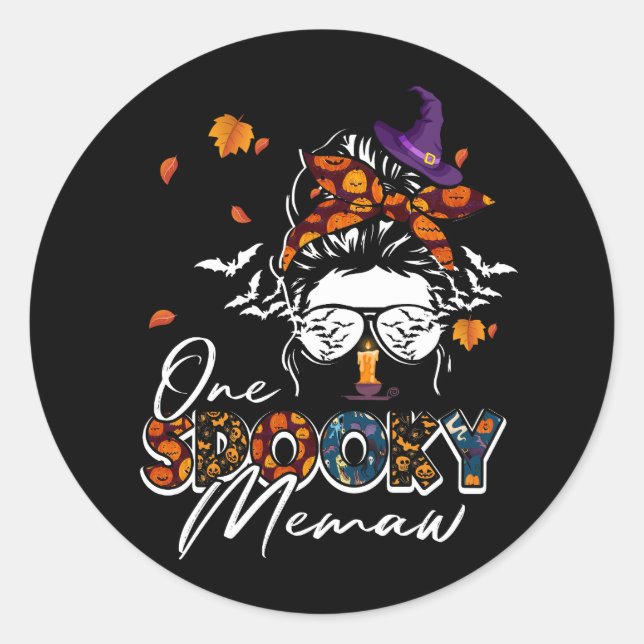 One Spooky Memaw Messy Bun Grandma Pumpkin Hallowe Classic Round Sticker (Front)