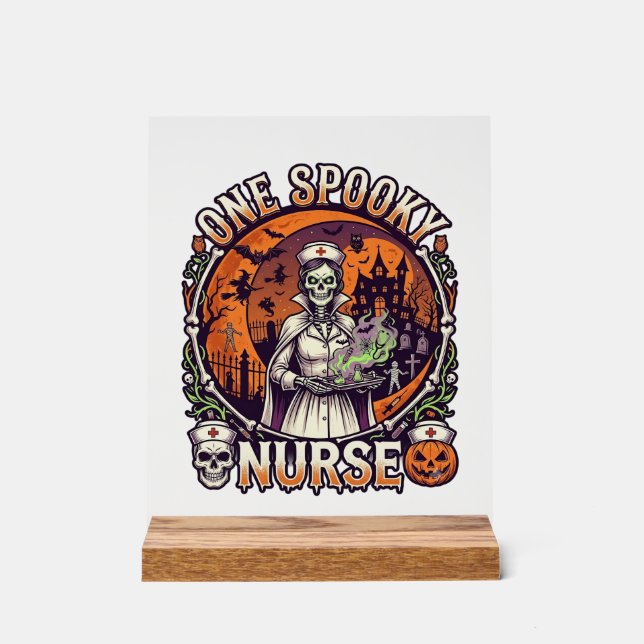 One Spooky Nurse Halloween Skeleton Potions Haunte Acrylic Sign (Front)