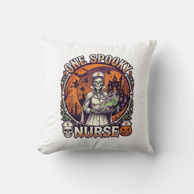 One Spooky Nurse Halloween Skeleton Potions Haunte Cushion (Front)