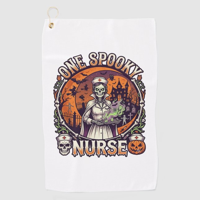 One Spooky Nurse Halloween Skeleton Potions Haunte Golf Towel (Front)