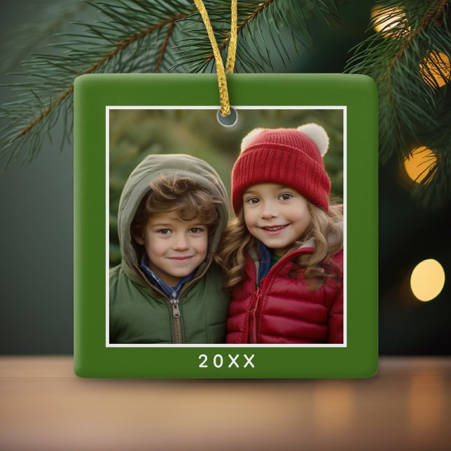 One Square Photo plus Year - minimal green border Ceramic Ornament (Cute and Modern, Minimalist Ornament for a Photo!)