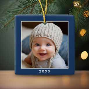 One Square Photo plus Year - minimal navy border Ceramic Ornament