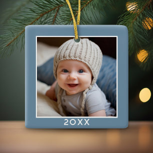 One Square Photo - Year - minimal light denim blue Ceramic Ornament