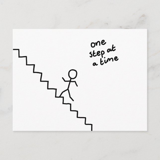 "one step at a time" stick man on stairs postcard (Front)