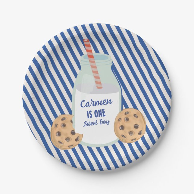 One Sweet Boy Cookie First Birthday Paper Plate (Front)