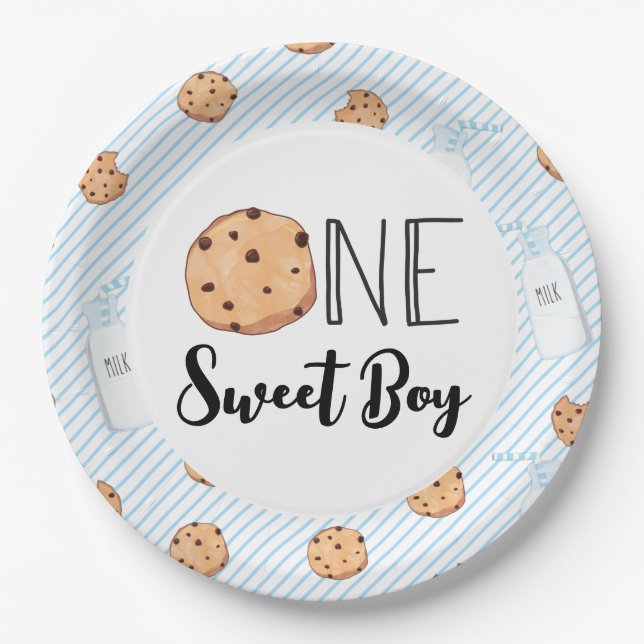 One Sweet Boy Milk and Cookies blue Birthday Paper Plate (Front)