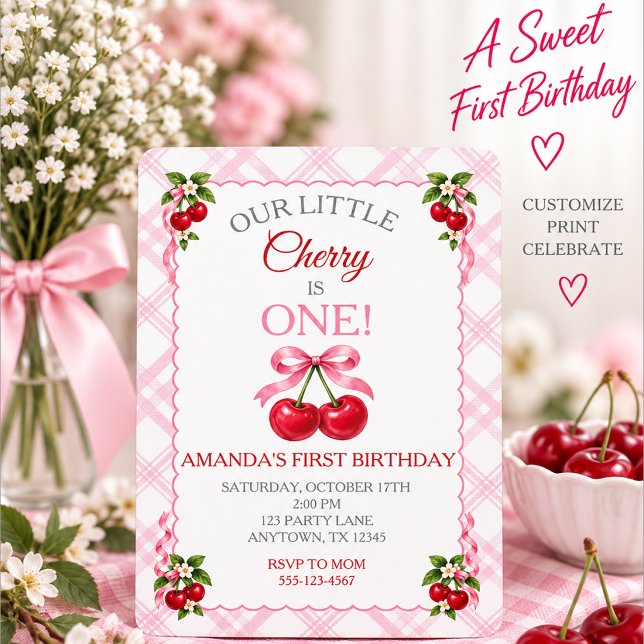 One Sweet Cherry First Birthday Invitation (Creator Uploaded)
