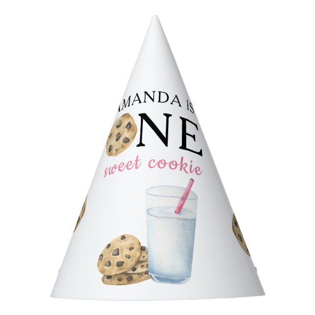 One Sweet Cookies & Milk Girl First Birthday   Party Hat (Front)
