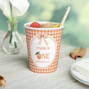 One Sweet Gingham Peach 1st Birthday invitation Paper Cups