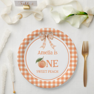 One Sweet Gingham Peach 1st Birthday invitation Paper Plate