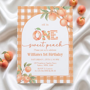 One Sweet Gingham Peach Boy Birthday Invitation