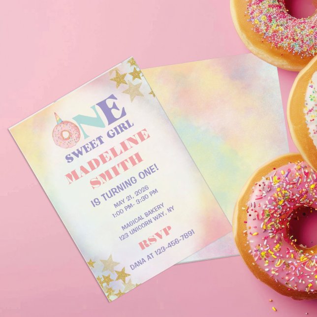 One Sweet Girl Pastel Unicorn Doughnuts Birthday Invitation (Creator Uploaded)