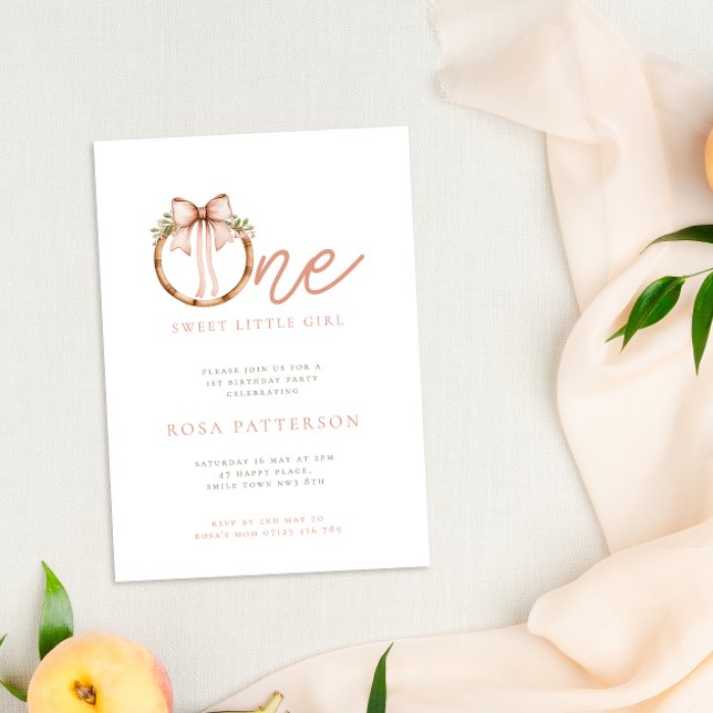 One Sweet Little Girl Bow & Hoop 1st Birthday Invitation (Creator Uploaded)