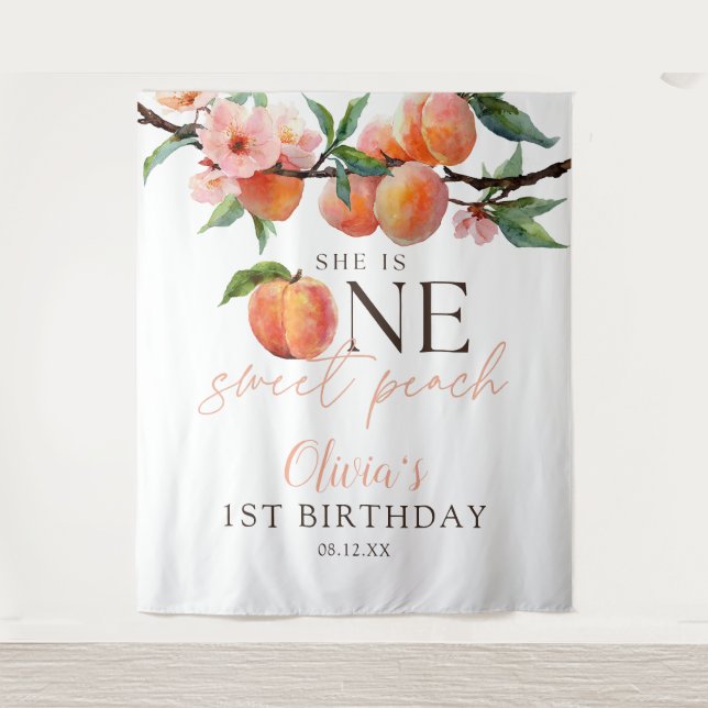 One Sweet Peach 1st Birthday Photo Backdrop Tapestry (Front)