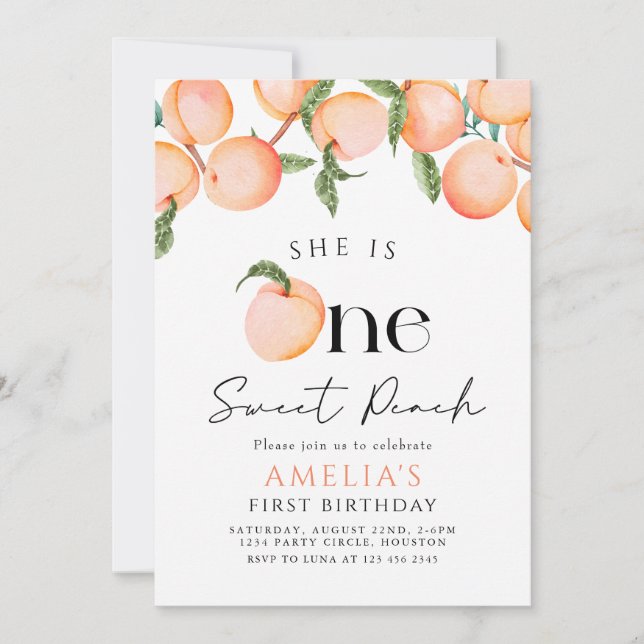 One Sweet Peach First Birthday Invitation (Front)