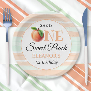 One sweet peach First Birthday watercolor stripes Paper Plate
