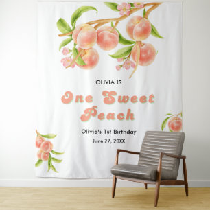 One Sweet Peach Fruit Girl 1st Birthday Backdrop  Tapestry