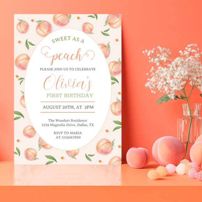 One Sweet Peach Girl 1st Birthday Invitation (Creator Uploaded)