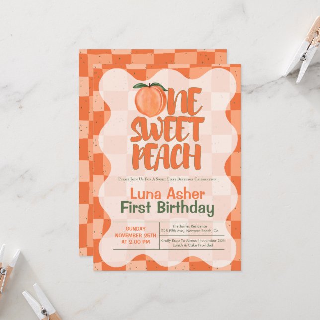 One Sweet Peach Girl 1st Birthday Party  Invitation (Front/Back In Situ)
