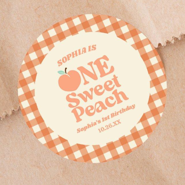 One Sweet Peach Orange First 1st Birthday Party Classic Round Sticker (Creator Uploaded)