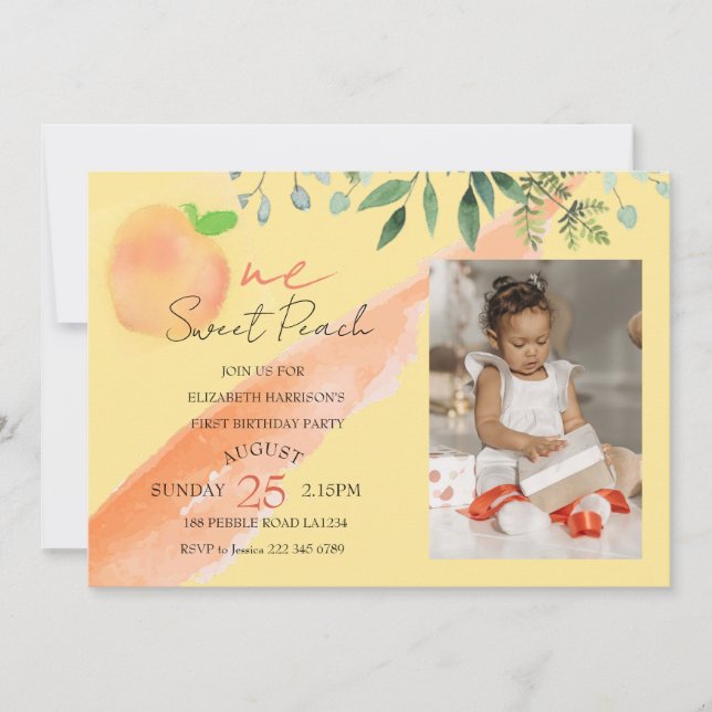 One Sweet Peach Personalised Birthday Invitation (Front)