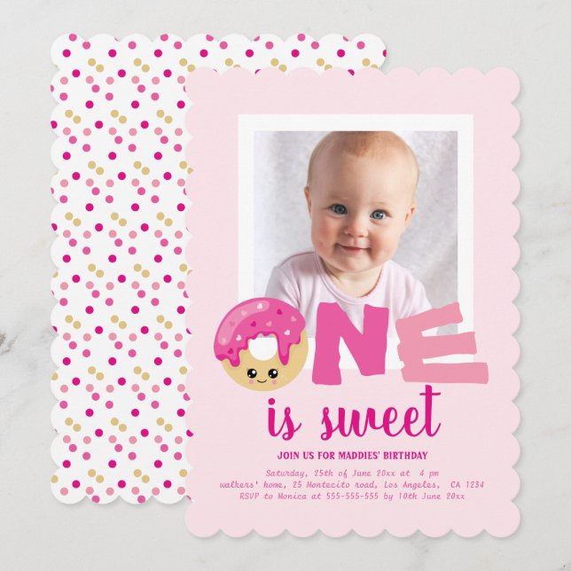 One sweet Photo Pink Doughnut Baby First Birthday Invitation (Front/Back)
