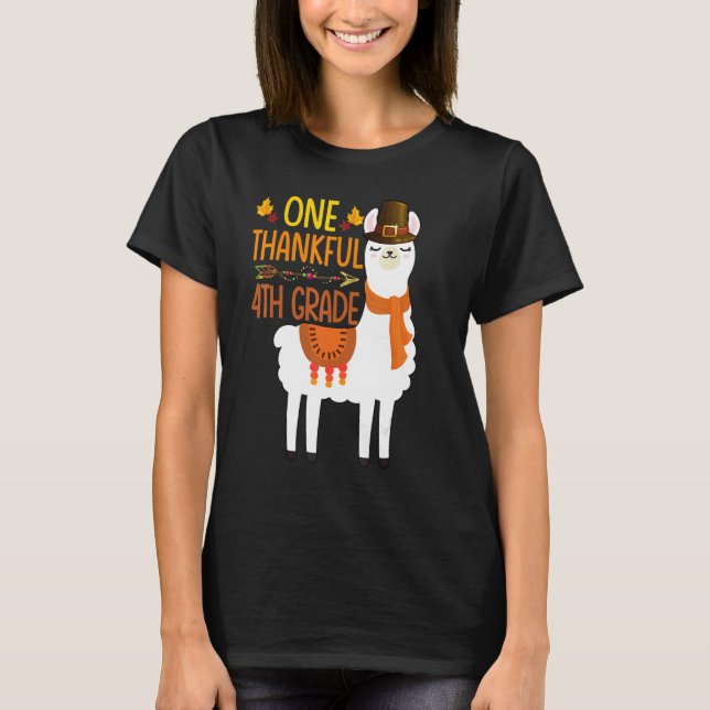 One Thankful 4th grade Teacher Llama Thanksgiving  T-Shirt (Front)