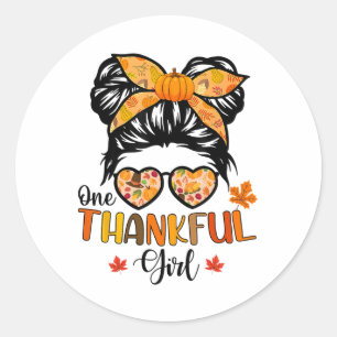 One Thankful Girl Thanksgiving Daughter Messy Bun  Classic Round Sticker