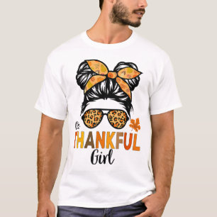 One Thankful Girl Thanksgiving Kid Messy Bun Leopa T-Shirt
