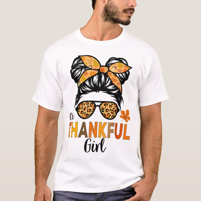 One Thankful Girl Thanksgiving Kid Messy Bun Leopa T-Shirt (Front)