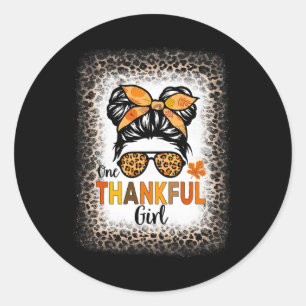 One Thankful Girl Thanksgiving Messy Bun Leopard B Classic Round Sticker