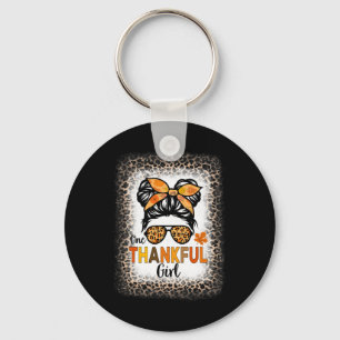 One Thankful Girl Thanksgiving Messy Bun Leopard B Key Ring