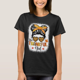 One Thankful Girl Thanksgiving Messy Bun Leopard F T-Shirt