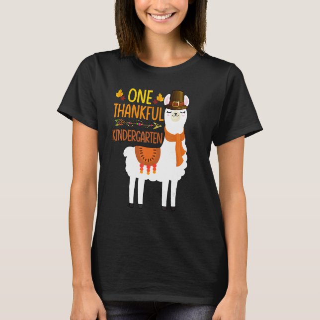 One Thankful kindergarten Teacher Llama Thanksgivi T-Shirt (Front)