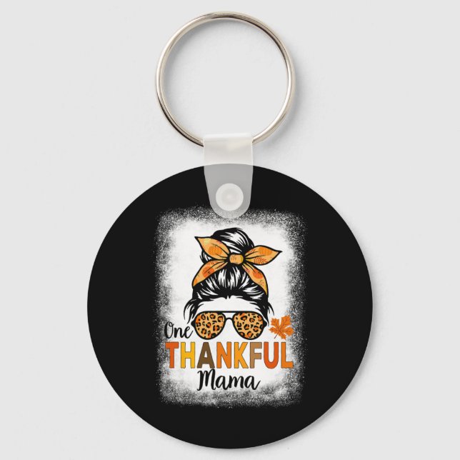 One Thankful Mama Thanksgiving Women Messy Bun Ble Key Ring (Front)