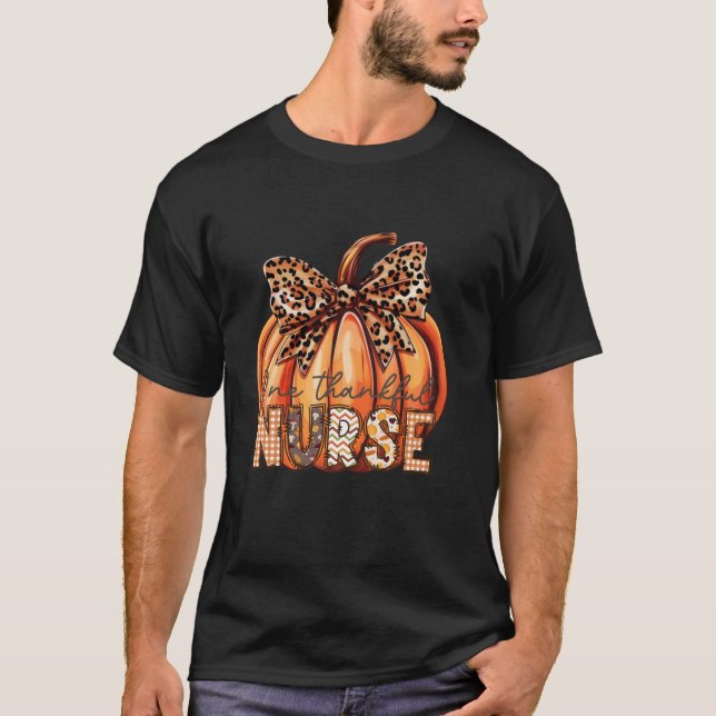 One Thankful Nurse Leopard Coquette Bow Pumpkin Ha T-Shirt (Front)