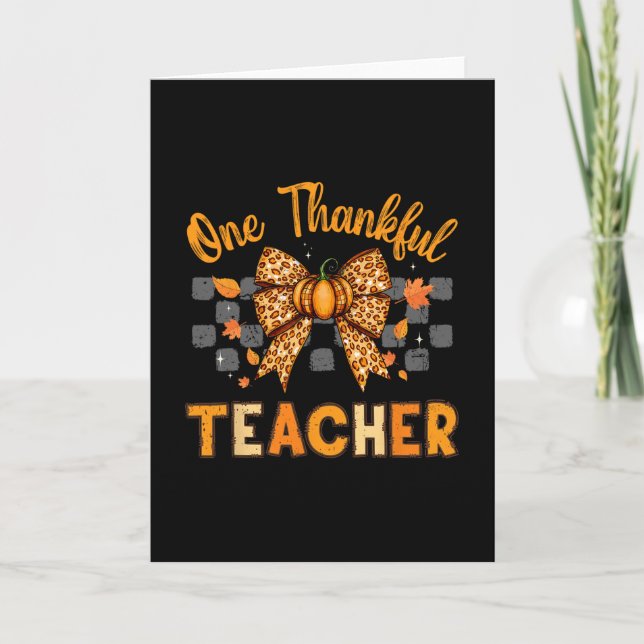One Thankful Teacher Fall Leopard Pumpkin Bow Penc Card (Front)