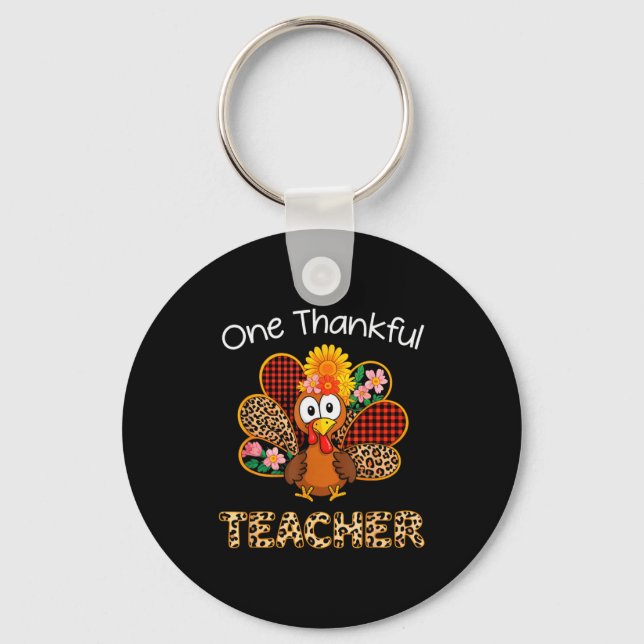 One Thankful Teacher Funny Cute Turkey Thanksgivin Key Ring (Front)