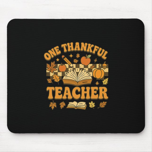 One Thankful Teacher Groovy Book Pumpkin Fall Than Mouse Mat (Front)