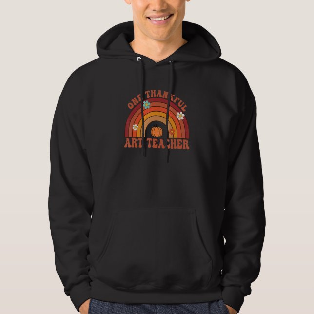 One Thankful Teacher Groovy Thanksgiving Rainnow Hoodie (Front)