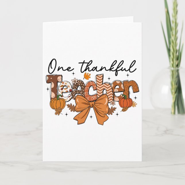 One Thankful Teacher Pumpkin Fall Coquette Bow Tha Card (Front)