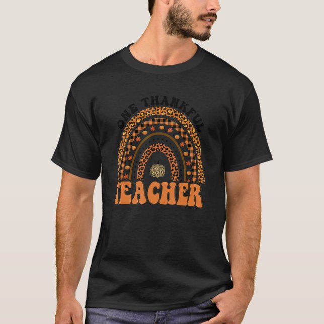 One Thankful Teacher Rainbow Leopard Retro Groovy  T-Shirt (Front)
