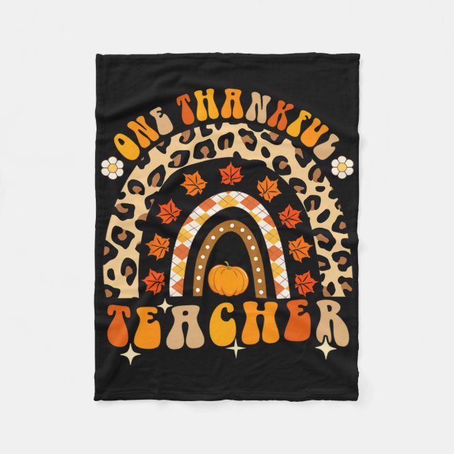 One Thankful Teacher Thanksgiving Rainbow Leopard  Fleece Blanket (Front)