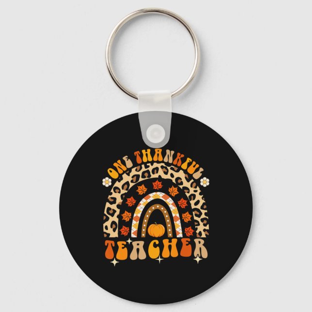 One Thankful Teacher Thanksgiving Rainbow Leopard  Key Ring (Front)