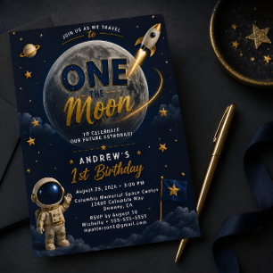 One The Moon First Birthday Invitation Blue Gold