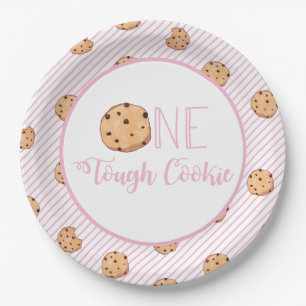 One Tough Cookie cookies and Pink stripes Birthday Paper Plate