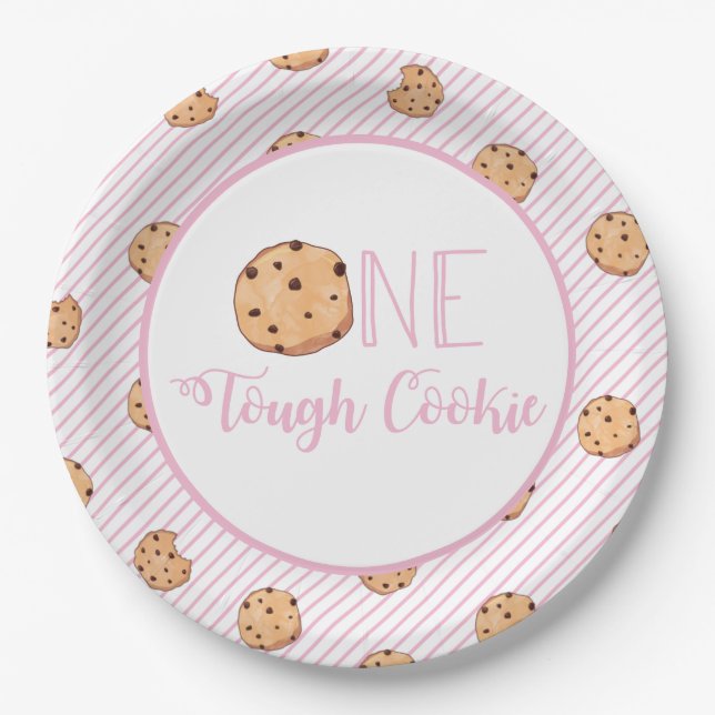 One Tough Cookie cookies and Pink stripes Birthday Paper Plate (Front)