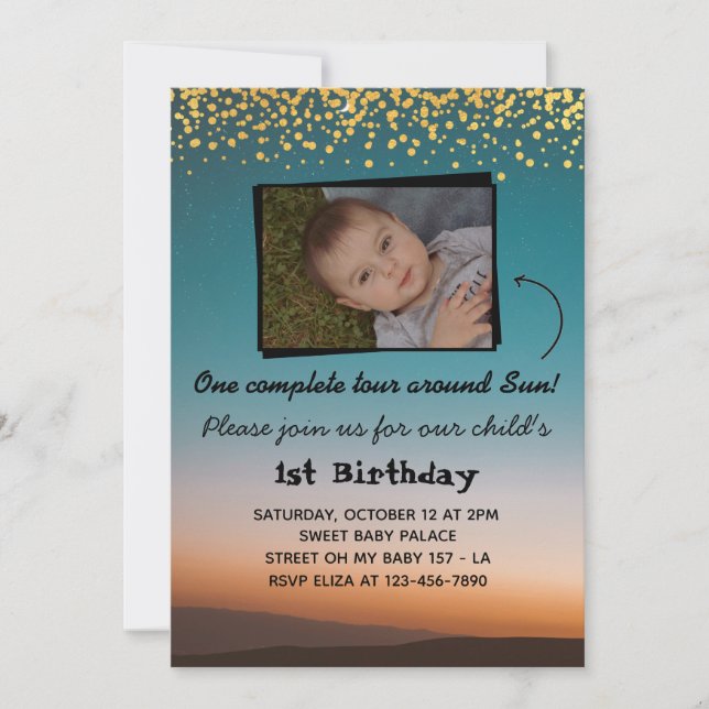 One tour around Sun - Photo 1st Birthday Invitation (Front)